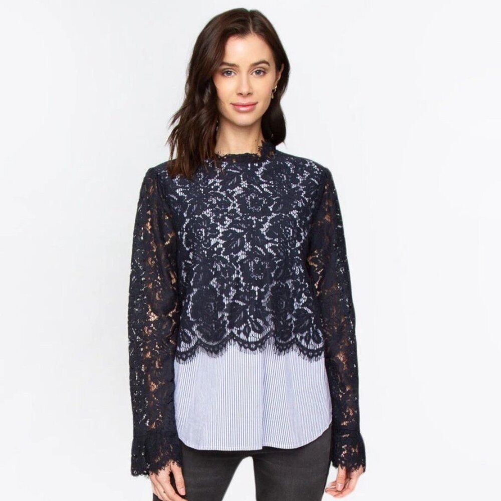 Sugar + Lips Pinstripe and Lace Blouse Navy Blue Long Sleeves Women's‎ Size S
